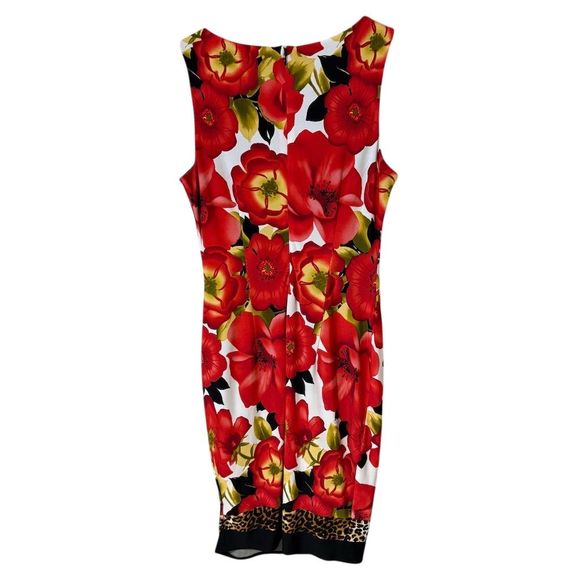 Cache Women's Size 8 Red Floral Sheath Dress with Leopard Trim Vintage - Picture 7 of 9